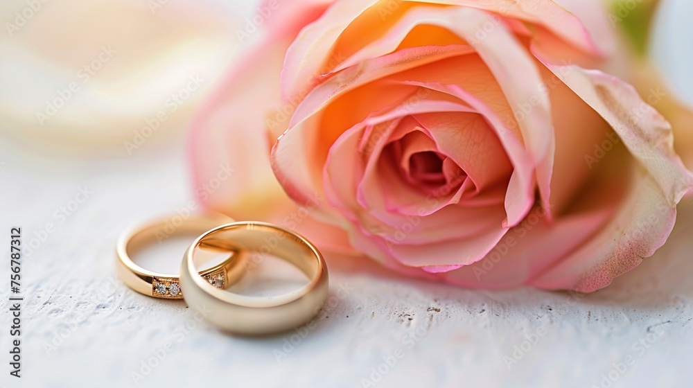 Gold wedding rings placed gently beside the delicate petals of a pink rose, creating a beautiful and romantic tableau symbolizing eternal love and devotion Gold wedding rings placed gently beside the delicate petals of a pink rose, creating a beautiful and romantic tableau symbolizing eternal love and devotion