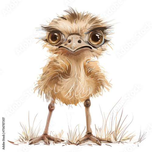 Cute Funny Cartoon Ostrich, Illustration for Children Book, Generative AI photo