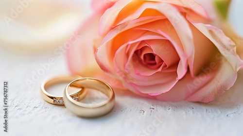 Gold wedding rings placed gently beside the delicate petals of a pink rose, creating a beautiful and romantic tableau symbolizing eternal love and devotion