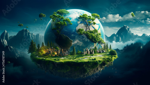 Earth globe illustration on with plants copy space banner ecological earth day hour safe trees mountains environmental problems on blue background © lidianureeva