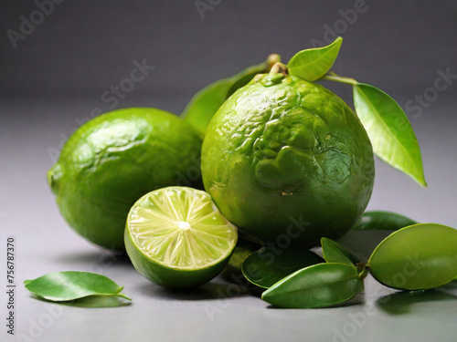 Fresh lime fruits with the peel and leaves on a white background.