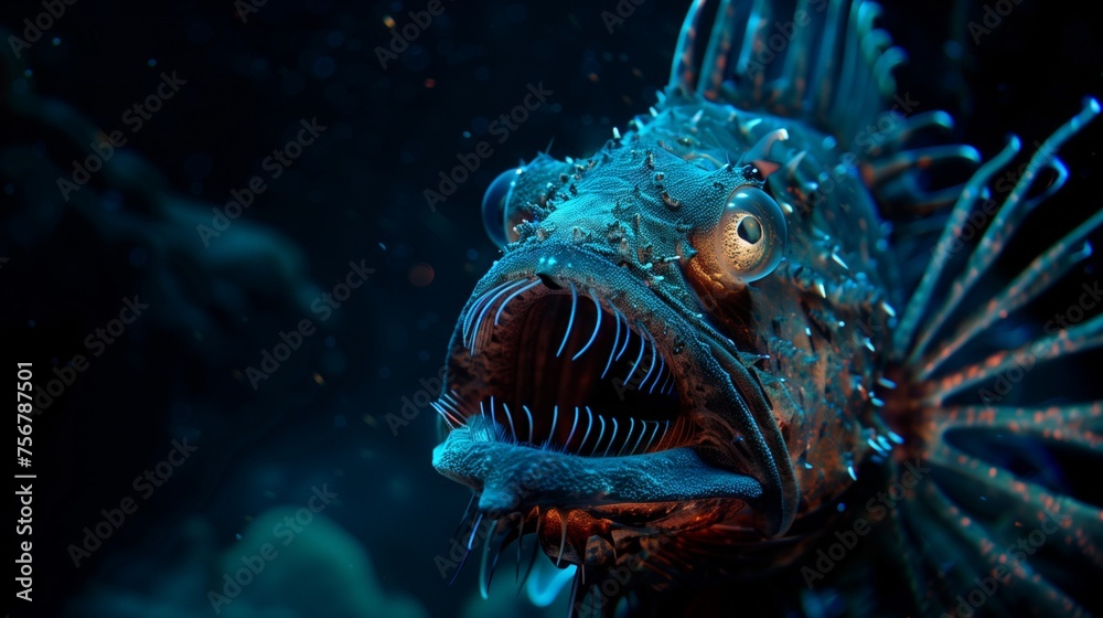 A close-up of a majestic anglerfish, its bioluminescent lure attracting prey in the dark depths of the ocean. A close-up of a majestic anglerfish, its bioluminescent lure attracting prey in the dark depths of the ocean.