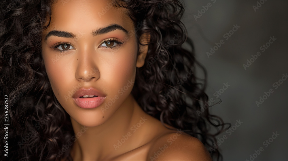 Linda jovem afro-americana com uma linda pele em fundo bege e rosa, cuidados com a pele facial. Cosmetologia, beleza, spa, feminino. Linda jovem afro-americana com uma linda pele em fundo bege e rosa, cuidados com a pele facial. Cosmetologia, beleza, spa, feminino.
