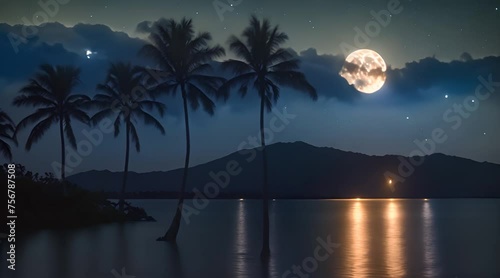 Animated shot of a beachfront at night, with palms growing from the water. photo