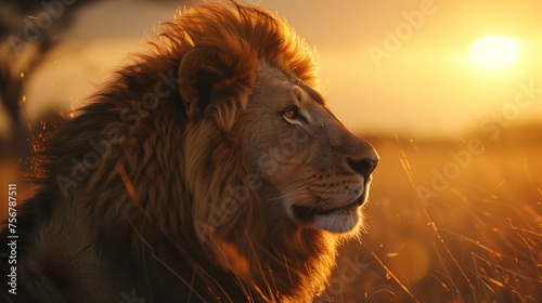 A close-up of a majestic lion with a flowing mane, roaring powerfully across the vast African savanna at sunrise.