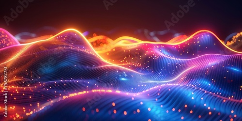 A colorful, glowing, and abstract landscape with a blue and orange wave - stock background.
