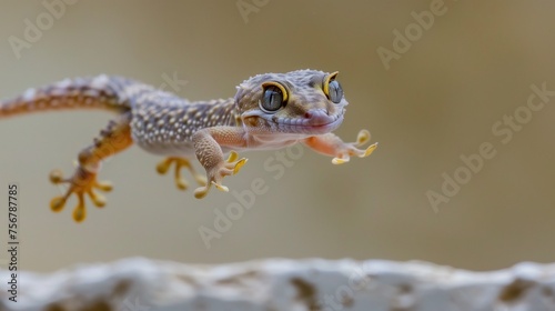 A gecko leaping from one wall to another, its sticky feet gripping the surface.