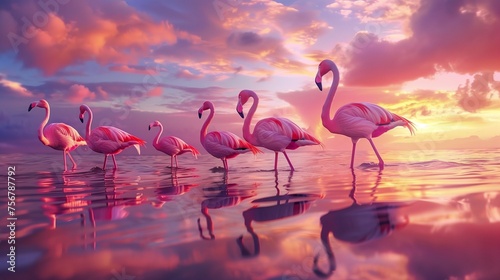 A flock of colorful flamingos wading gracefully through a shallow lake at sunset, their pink feathers reflecting the vibrant sky.