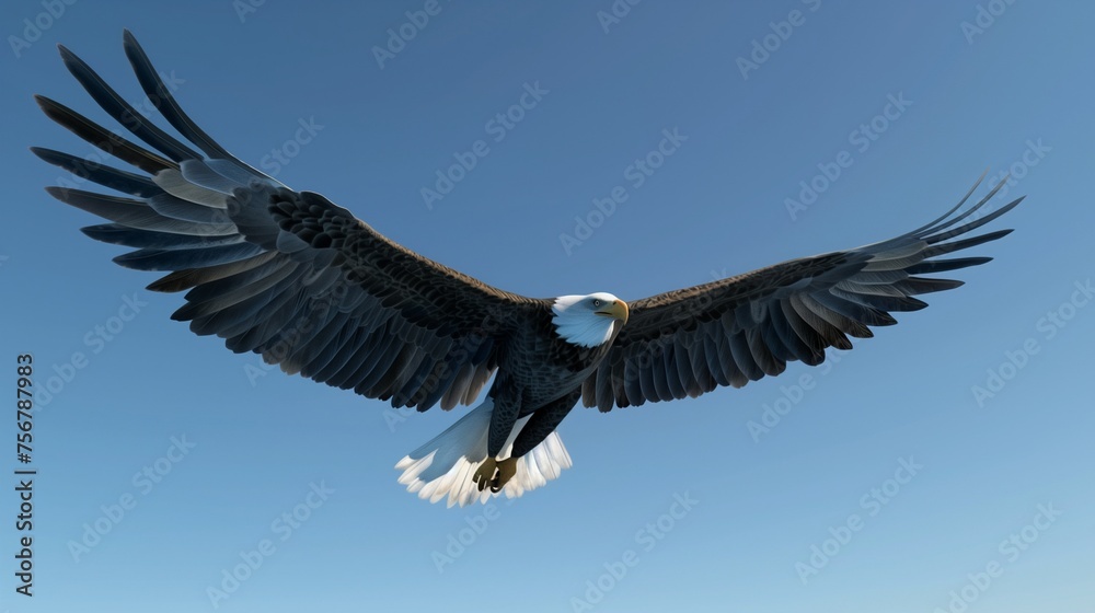 Obraz premium A majestic bald eagle soaring through a clear blue sky, its powerful wings outstretched, clutching a fish in its talons.