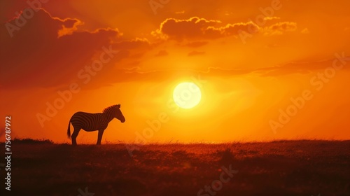 A lone zebra silhouetted against a fiery orange sunset on the vast African savanna. © Eric