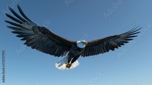 A majestic bald eagle soaring through a clear blue sky, its powerful wings outstretched, clutching a fish in its talons. © Eric