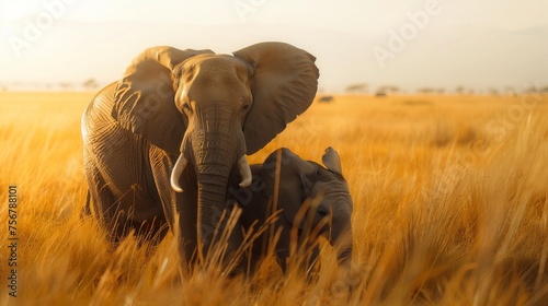A mother elephant tenderly nuzzles her playful calf amidst the tall grasses of a sun-drenched African savanna. © Dave