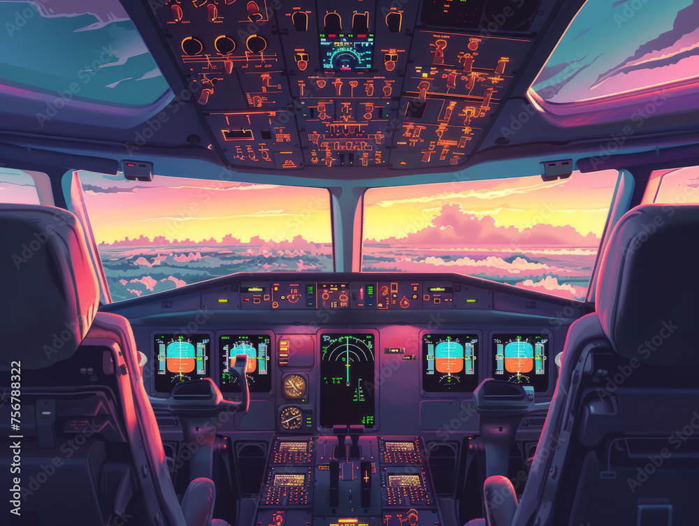 Two Point Perspective Cockpit 2d Illustration looking out of a of a plane cockpit --ar 4:3 Job ID ...