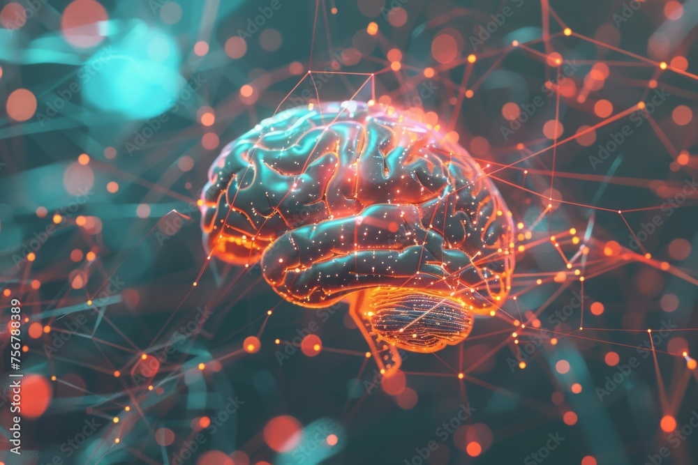 3D rendered human brain with intricate neural connections and structures, representing futuristic medical research. Brain clever intelligence in healthcare and hospital environment. Suitable for neuro - obrazy, fototapety, plakaty 