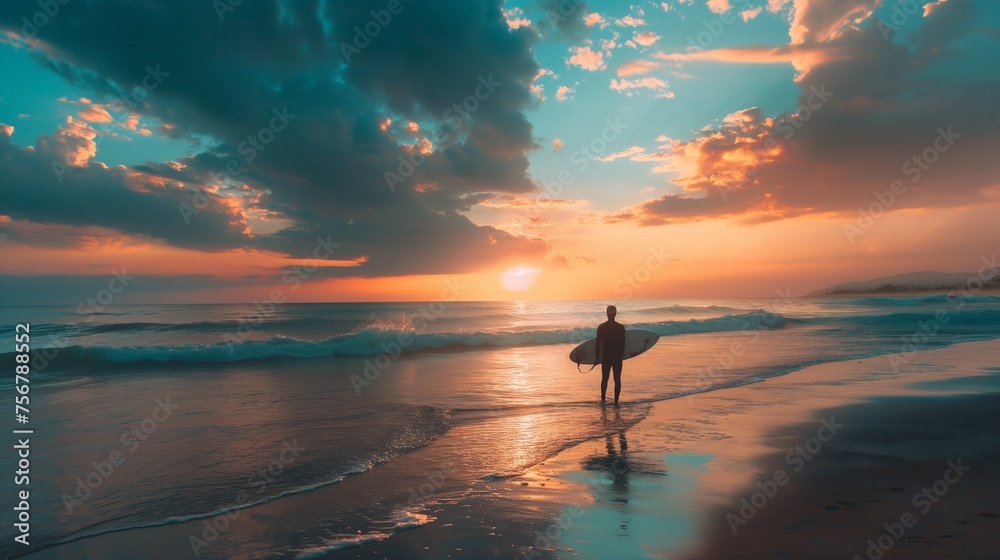 A surfer on the beach by the ocean during sunset
