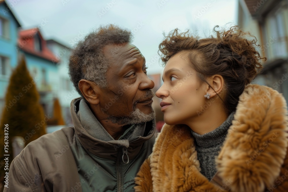 An elder male and younger female with different ethnic backgrounds sharing a moment of connection An elder male and younger female with different ethnic backgrounds sharing a moment of connection