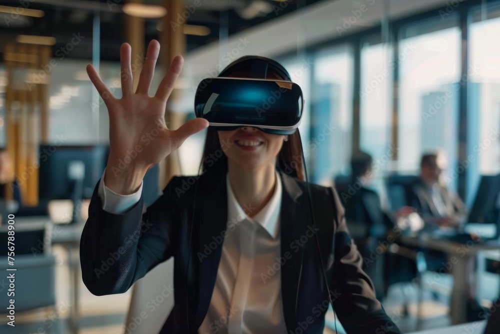 An office worker is engrossed in a virtual reality session with colleagues in the backdrop An office worker is engrossed in a virtual reality session with colleagues in the backdrop