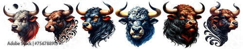 bull buffalo head face multiple angles hand drawn watercolor isolated png photo