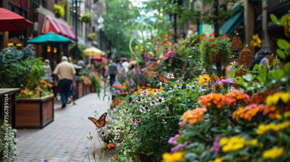 A bustling city sidewalk brightened by a lush urban garden pathway with flowers and visiting butterflies