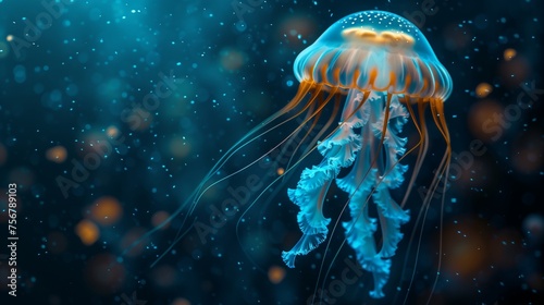 Enchanting bioluminescent jellyfish illuminating the dark ocean depths. © Dave