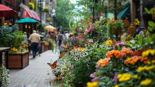A bustling city sidewalk brightened by a lush urban garden pathway with flowers and visiting butterflies