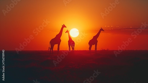 Family of giraffes silhouetted against the vibrant African sunset.