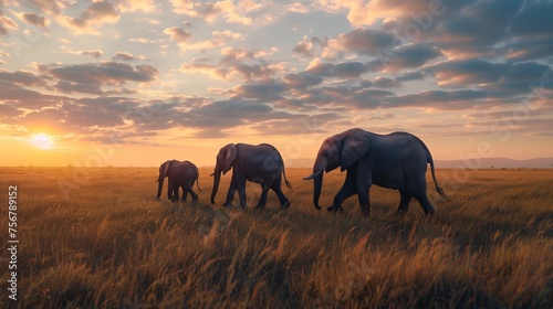 Family of elephants gracefully traversing a serene savannah at dawn. © Dave