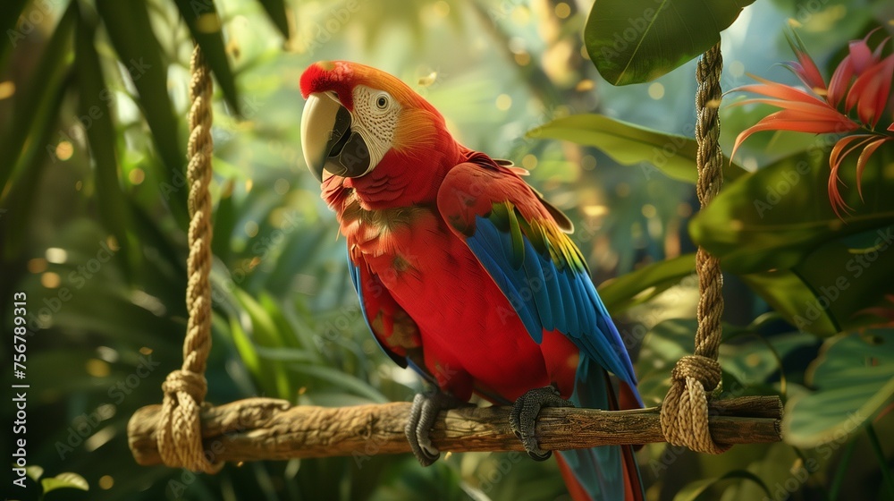 Obraz premium Majestic parrot perched on a colorful swing, surrounded by lush tropical foliage.