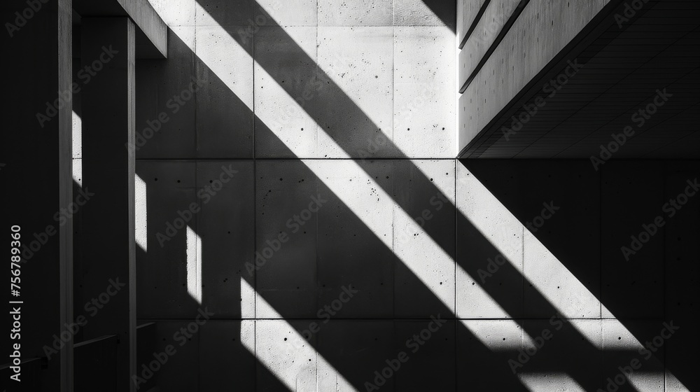 A high-contrast image showing the interplay between light and shadow on a textured concrete surface, creating a striking visual pattern