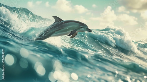 Playful dolphins leaping joyfully in crystal-clear ocean waves. © Dave