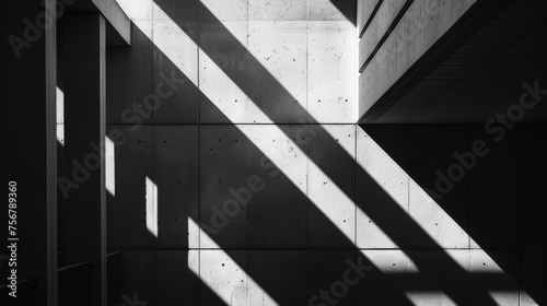 A high-contrast image showing the interplay between light and shadow on a textured concrete surface, creating a striking visual pattern