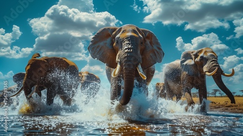 Playful group of elephants splashing joyfully in a waterhole. © Dave