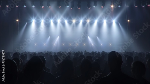 Silhouettes of a concert audience illuminated by bright stage lights