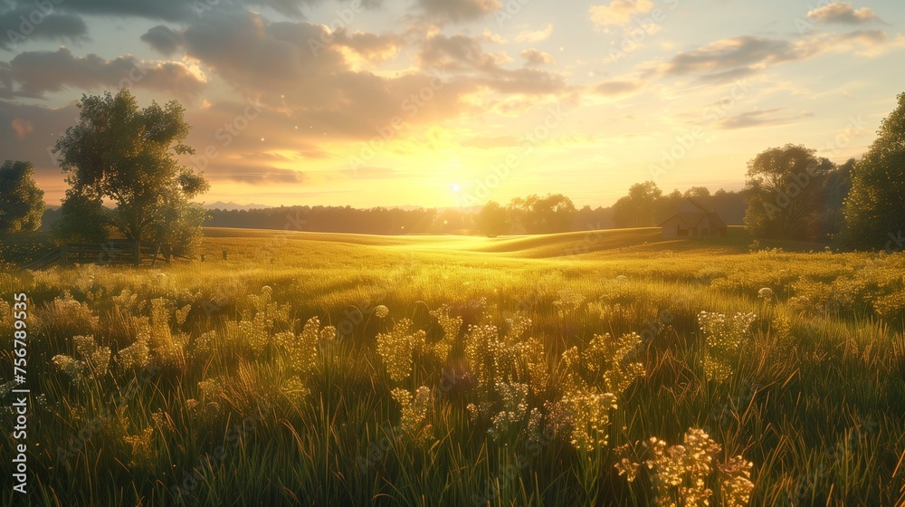 The summer meadow bathed in golden evening hues, creating a serene and natural landscape.