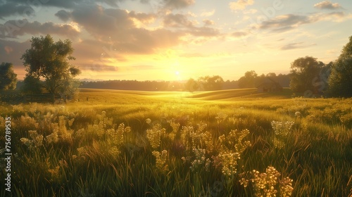The summer meadow bathed in golden evening hues  creating a serene and natural landscape.