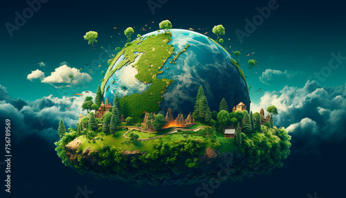 Earth globe illustration on with plants copy space banner ecological earth day hour safe trees mountains environmental problems on blue background