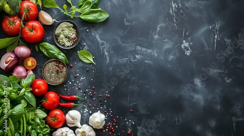 Top view of raw organic vegetables and fresh ingredients for healthy cooking on a solid background, ideal as a banner for vegan or diet food concept, with free text space