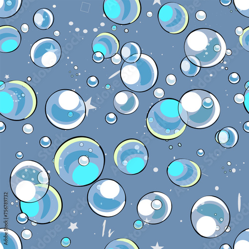 Sea bubbles in anime style. Bright baby blue pattern. Vector seamless pattern with cute bubbles