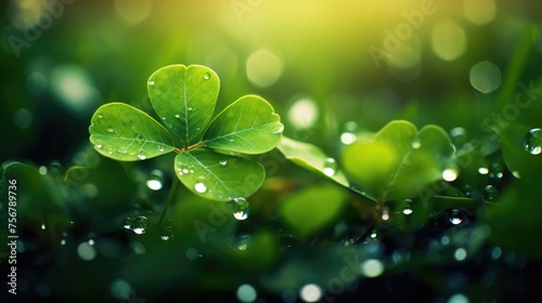 Macro view of green four-leaf clover with morning dew with blurred background, St. Patricks Day luck.