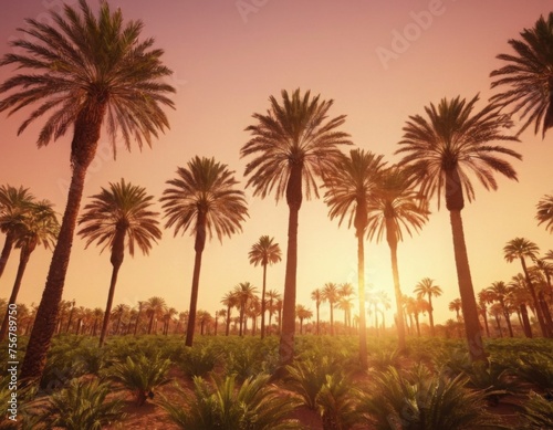 A 3D render of a date palm grove at sunset. The sun is low and the sky is filled with warm hues, providing a beautiful backdrop for text.
