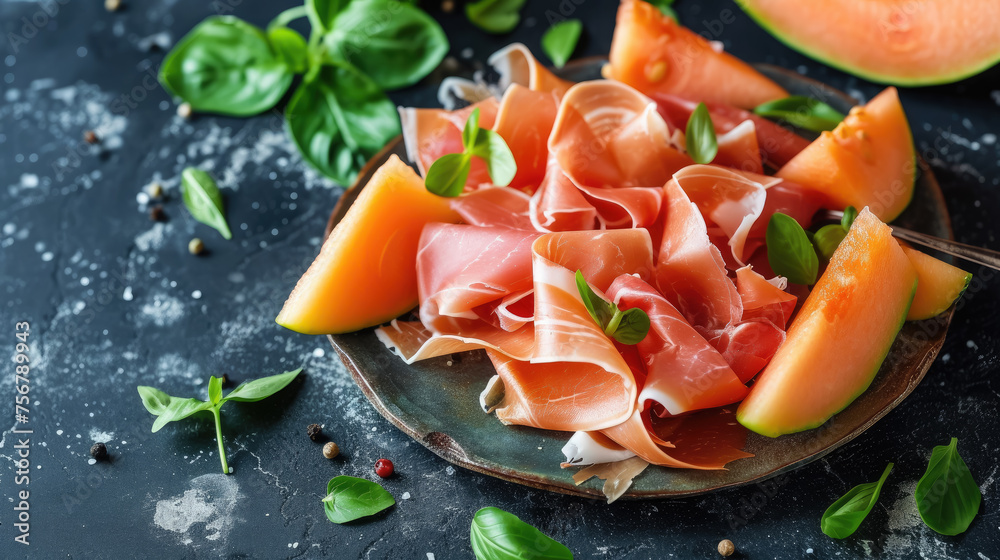sliced melon and prosciutto, jamon, still life, Italian cuisine, food, restaurant, meal, meat, table, dish, serving, Spanish, southern, fresh, natural, tasty, delicacy sliced melon and prosciutto, jamon, still life, Italian cuisine, food, restaurant, meal, meat, table, dish, serving, Spanish, southern, fresh, natural, tasty, delicacy
