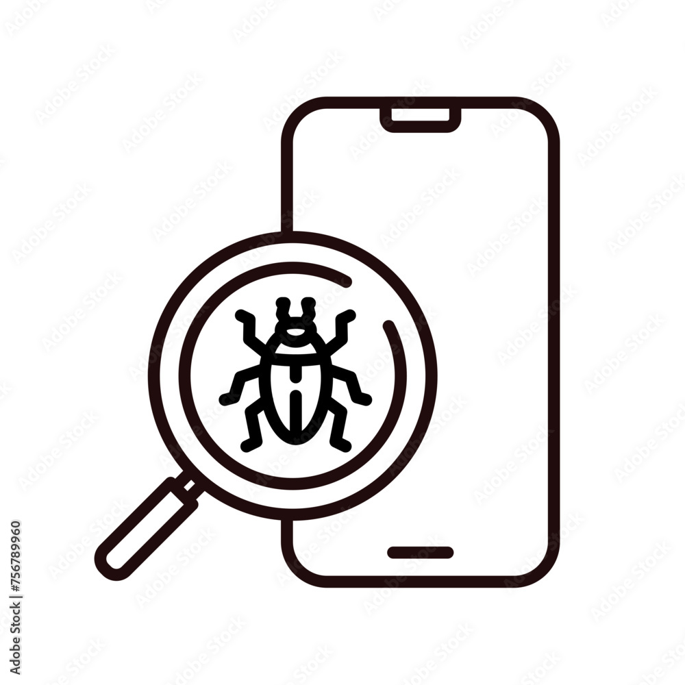 bug detection, bug search icon . magnifying glass with insect and mobile phone bug detection, bug search icon . magnifying glass with insect and mobile phone