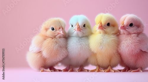 Cute pastel colored baby chicks for spring or Easter with open space. © Elle Arden 