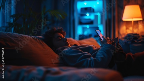 The image captures a person on bed at night using a phone, highlighting digital age lifestyle