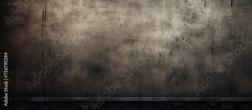 A dimly lit room featuring a grey concrete wall, wooden floor, and monochrome photography of a cloudy horizon, creating a contrast of tints and shades