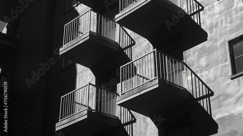 A stark contrast of shadows and light on the balconies of an apartment complex, showing pattern and rhythm