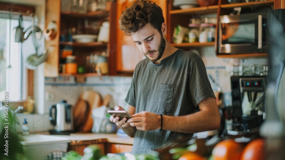 Casual man browsing smartphone among fresh groceries in the kitchen