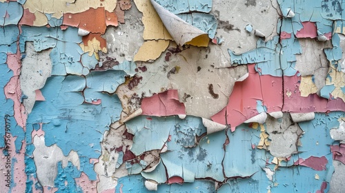 Close-up of a weathered wall s chipped and peeling layers of colorful paint  depicting time s effect on materials