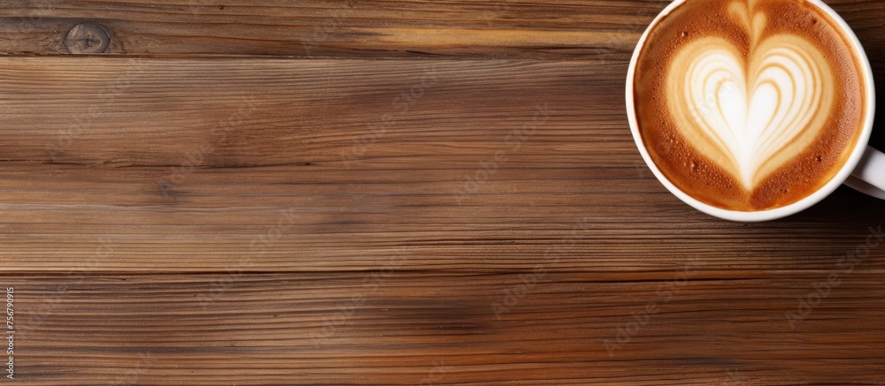 A singleorigin coffee cappuccino served in a brown cup with a heartshaped latte art on a wooden table, creating a warm and inviting atmosphere A singleorigin coffee cappuccino served in a brown cup with a heartshaped latte art on a wooden table, creating a warm and inviting atmosphere