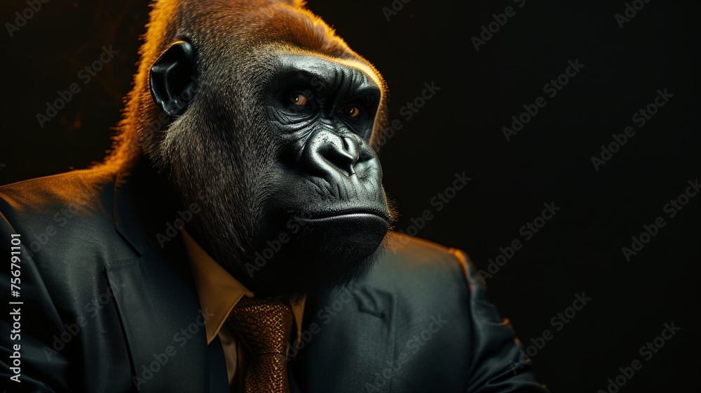 a gorilla wearing a suit and tie with a black background